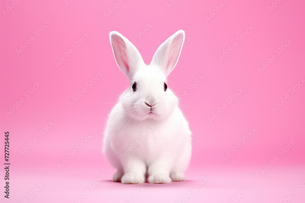 Adorable White Rabbit with Soft Fluffy Fur on Pink Canvas - Generative AI Adorable White Rabbit with Soft Fluffy Fur on Pink Canvas - Generative AI