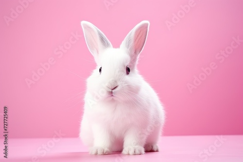 Adorable White Rabbit with Soft Fluffy Fur on Pink Canvas - Generative AI © Gelpi