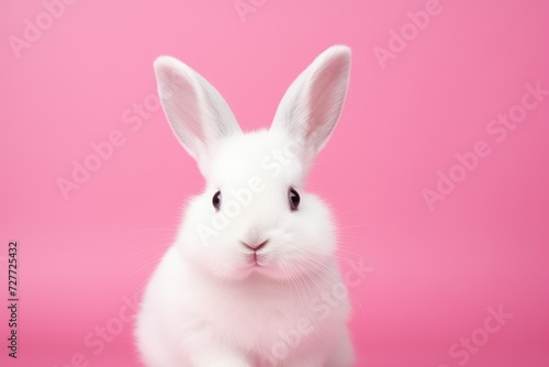 Adorable White Rabbit with Soft Fluffy Fur on Pink Canvas - Generative AI © Gelpi