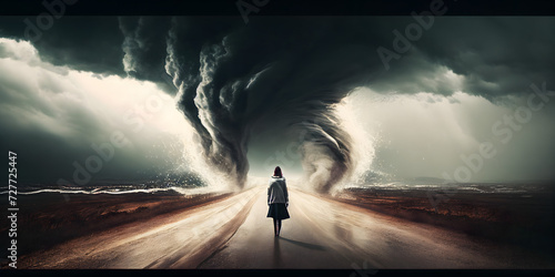 Woman walking towards new life through storm. Generative AI.