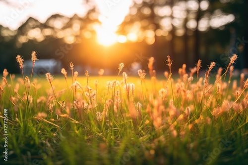 Warm Sunlight Bathing Peaceful Grass Field at Sunset - Generative AI