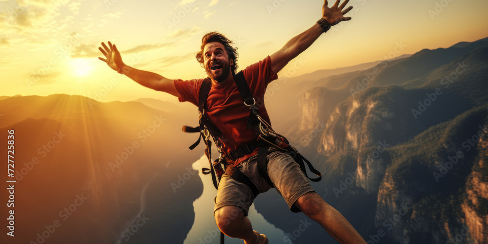 Adventurous person bungee jumping from a cliff during sunset, embracing freedom and excitement over a scenic river landscape Adventurous person bungee jumping from a cliff during sunset, embracing freedom and excitement over a scenic river landscape