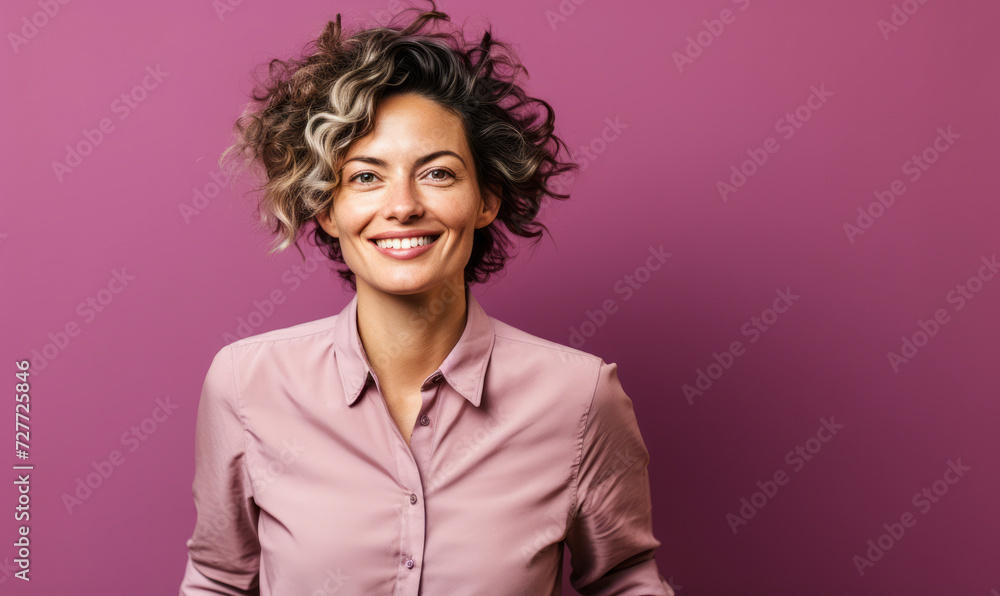 Confident Central European non-binary person in their 40s with curly hair, wearing a lilac shirt, standing against a purple background Confident Central European non-binary person in their 40s with curly hair, wearing a lilac shirt, standing against a purple background