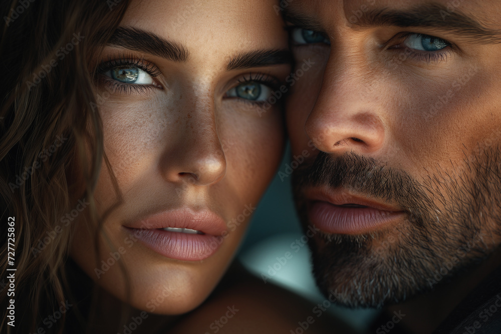 A man and a woman pose close together, the woman has her head tilted close to the man's face. A man and a woman pose close together, the woman has her head tilted close to the man's face.