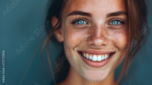 Beautiful close up face of cheerful caucasion girly young woman with perfect skin and freckles with healthy toothy smile looking at camera photo