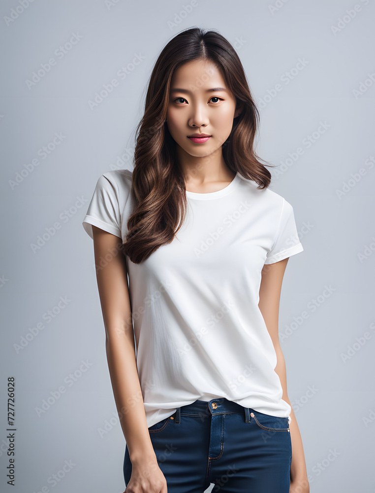 A female Asian model wears a white T-shirt for mockup. A female Asian model wears a white T-shirt for mockup.