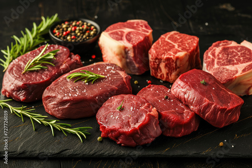 Variety of fresh black angus prime raw beef steaks