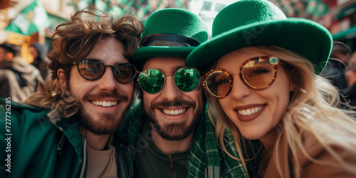 Group of friends in festive hats enjoying St. Patrick's Day celebration