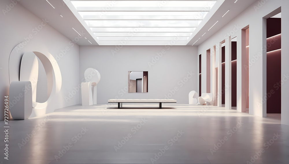 A 3D render of an empty room designed as an avant-garde art gallery, providing a contemporary and unique space for exhibits.