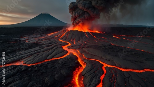 Captivating and dangerous, the glowing lava streams from the mouth of the volcano with mesmerizing beauty.