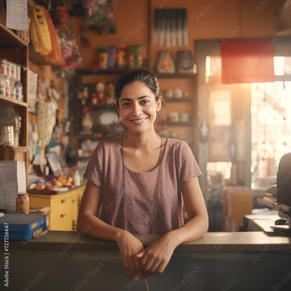 Indian female standing her small shop Indian female standing her small shop
