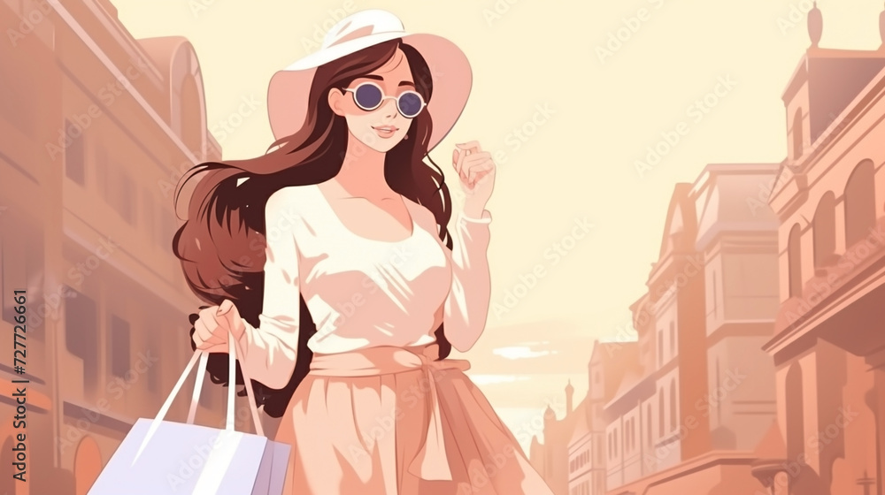 An illustration of a young fashionable lady model wearing sun glasses walking toward the camera by catwalk with a bag in hand and beautiful hat and dress, for seasonal shopping clothing brand banner An illustration of a young fashionable lady model wearing sun glasses walking toward the camera by catwalk with a bag in hand and beautiful hat and dress, for seasonal shopping clothing brand banner