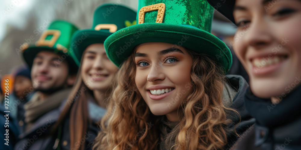 Group of friends in festive hats enjoying St. Patrick's Day celebration Group of friends in festive hats enjoying St. Patrick's Day celebration
