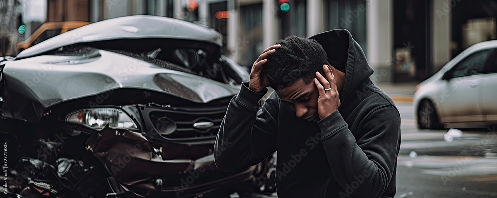 Sad man after a car accident holding his head. Car accident on the street, damaged car on background Sad man after a car accident holding his head. Car accident on the street, damaged car on background