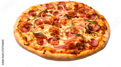 Hunting pizza with cheese, sausage, bacon, chicken, pickles and parmesan on transparent background . Mouthwatering Pizza with Chicken and Cheese