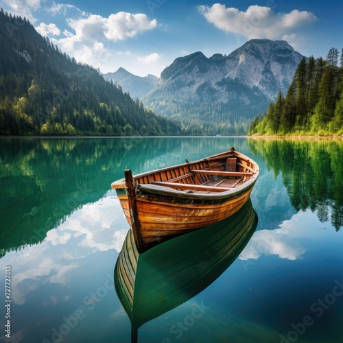 Small wooden boat on the surface of the beautiful lake in amazing mountain landscape © Filip