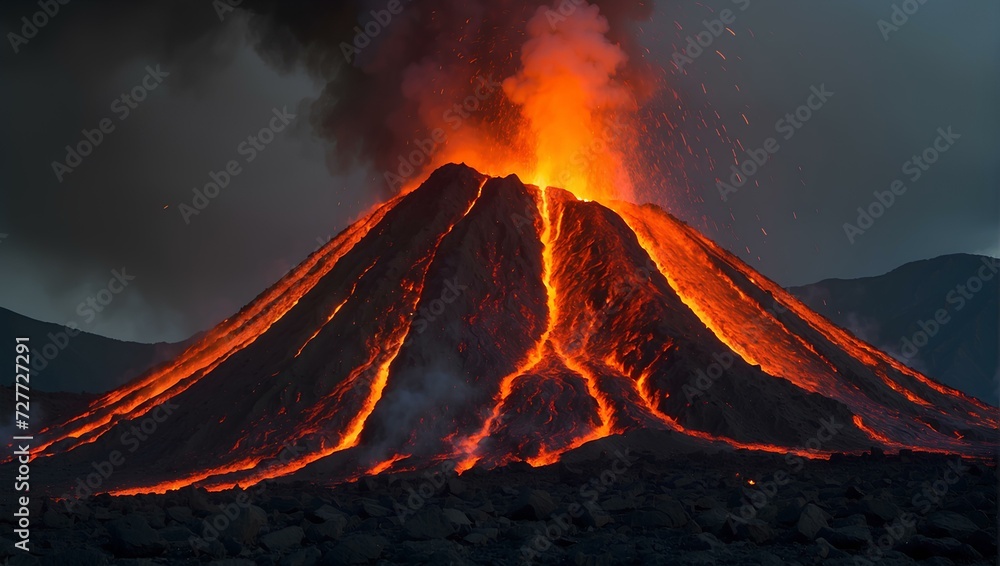 The mesmerizing sight of a volcanic eruption, as lava cascades down the mountainside, painting the landscape in shades of red and orange