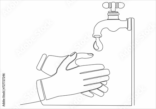 Continuous one single line drawing washing hands icon vector illustration concept