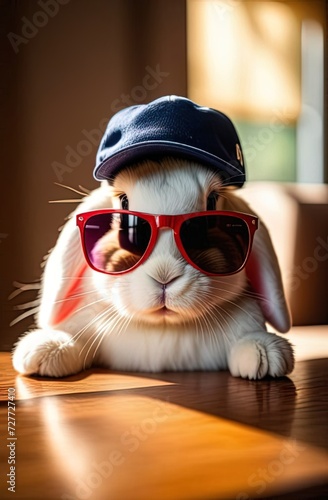 Cute white rabbit wearing glasses sitting on caffe restoran an waiting menu © Irina