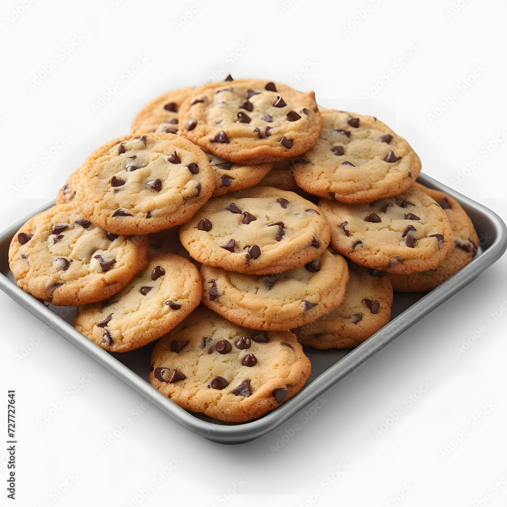 A tray of freshly baked chocolate chip cookies isolated on white background, hyperrealism, png
