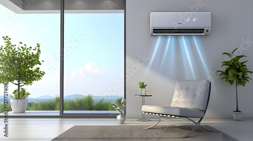 A white air conditioner hangs on the wall in a bright room 