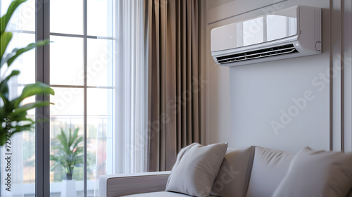 A air conditioner hangs on the wall in a bright room and cools the room © Taisiia
