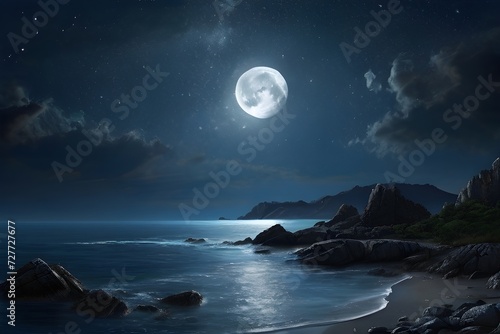 Moonlit night with stars shining brightly over a calm seascape