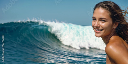 naked woman against ocean wave