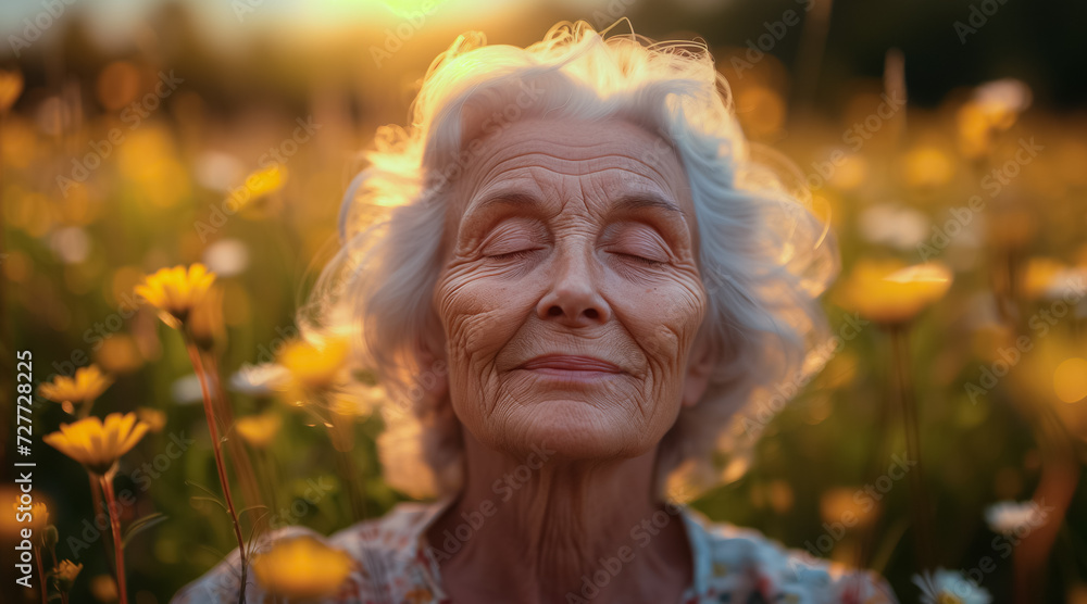 Portrait of a senior woman, tranquil, meditating face with eyes closed, setting sun on the spring meadow. Portrait of a senior woman, tranquil, meditating face with eyes closed, setting sun on the spring meadow.