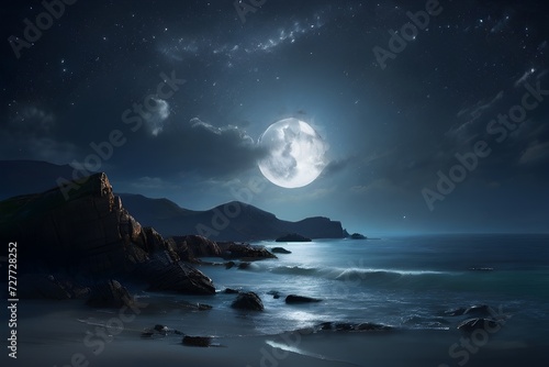 Moonlit night with stars shining brightly over a calm seascape
