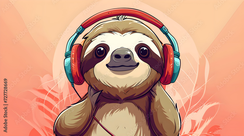 Naklejka premium Cute sloth listening to music on headphones