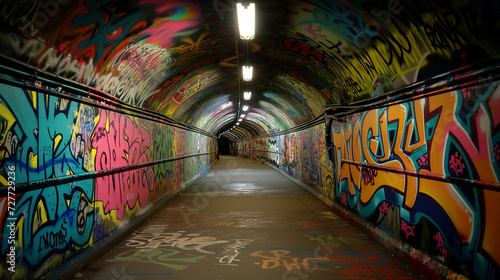 Interior of a tunnel with graffiti painted on the walls. Abstract background.