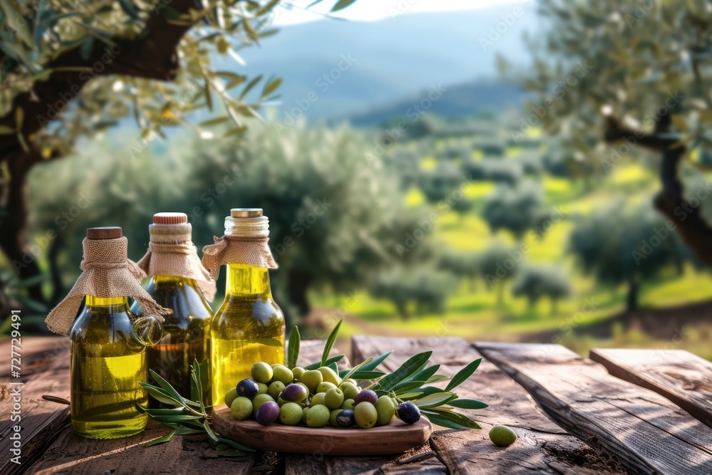 Oil dispensers on wooden table full of freshly picked olives with olive grove in the background Oil dispensers on wooden table full of freshly picked olives with olive grove in the background