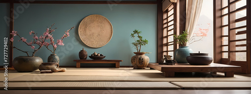 An empty room with Asian-inspired decor, incorporating Zen elements, tatami mats, and soothing colors in 3D.