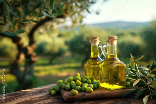 Oil dispensers on wooden table full of freshly picked olives with olive grove in the background 