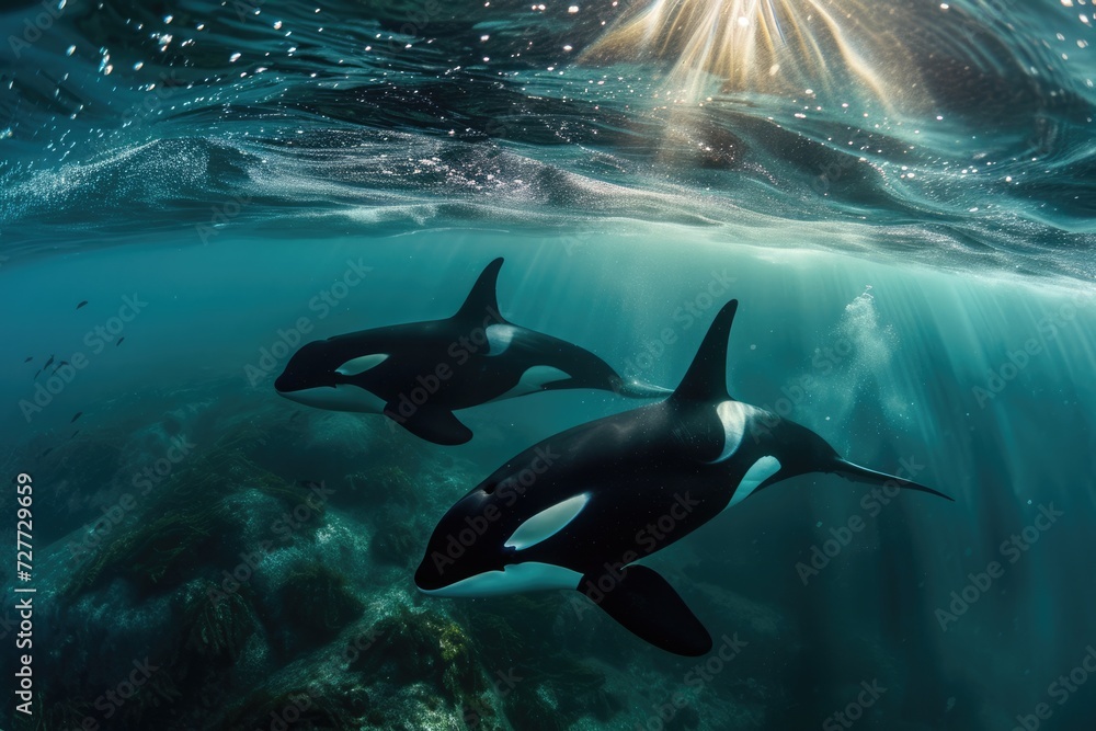 Naklejka premium Orcas, underwater photography, Norway 