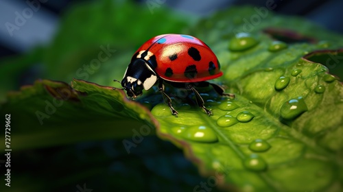 Ladybug waits on a leaf, Coccinellidae, Arthropoda, Coleoptera,