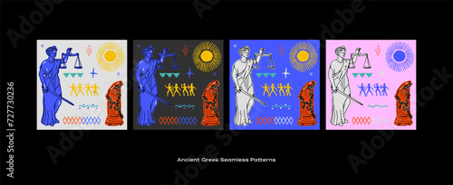 Ancient Greek Hand drawn Seamless Pattern Set with Greek Goddess of justice