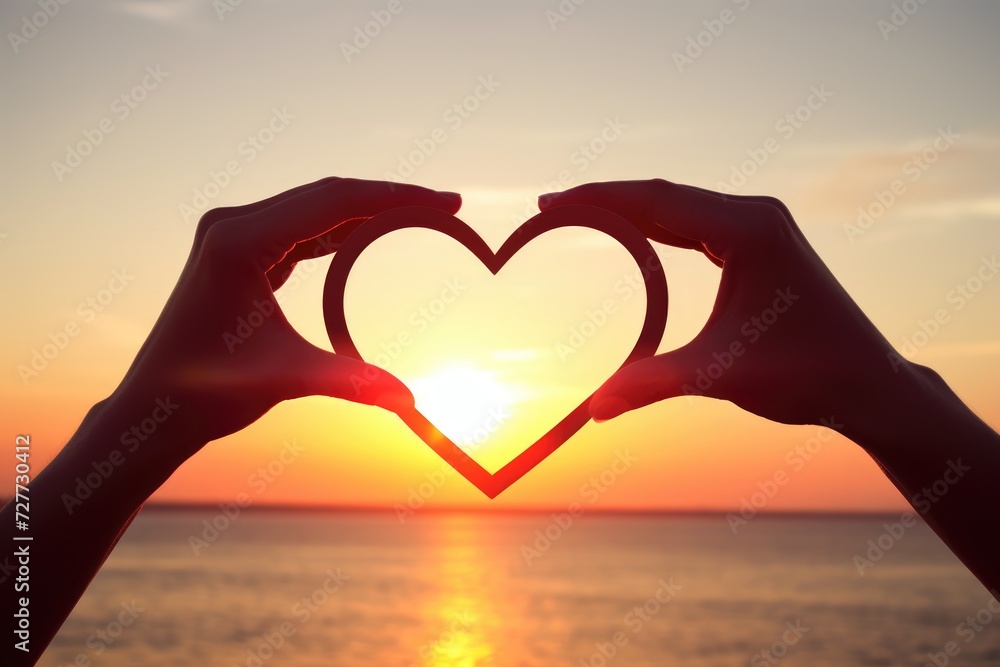 Heart shape made of human hand over a sky at sunset, Valentine's day, Mother's day, Women's Day and love concept