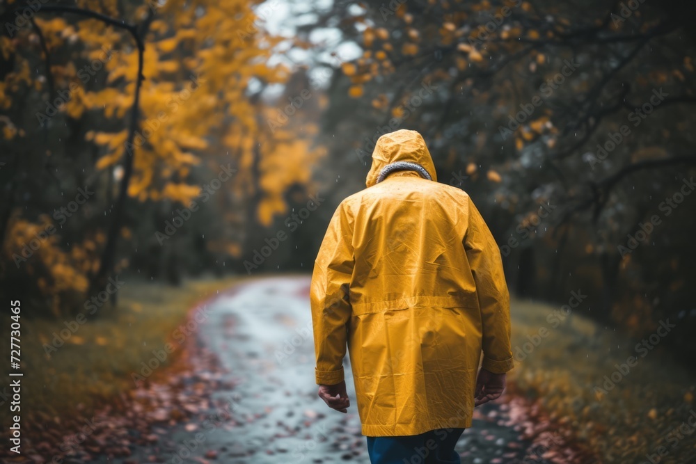 Senior man walking on a raining day wearing yellow raincoat Senior man walking on a raining day wearing yellow raincoat