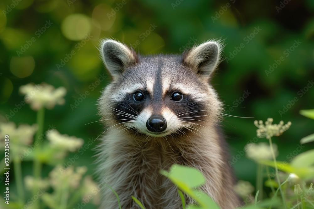Portrait of a cute raccoon in the forest, smiling animal in bush outdoors looking at camera