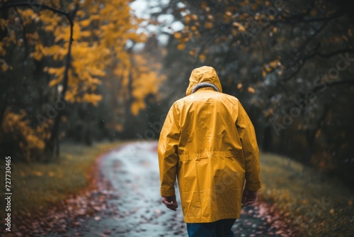 Senior man walking on a raining day wearing yellow raincoat 