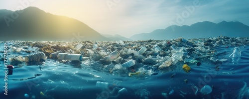 A lot of plastic bottles and other waste materials floating on the surface of the sea. Plastic pollution theme photo