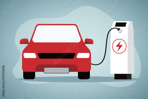 Electric car charging, front view. Ecologically clean transport, eco-city. Vector illustration