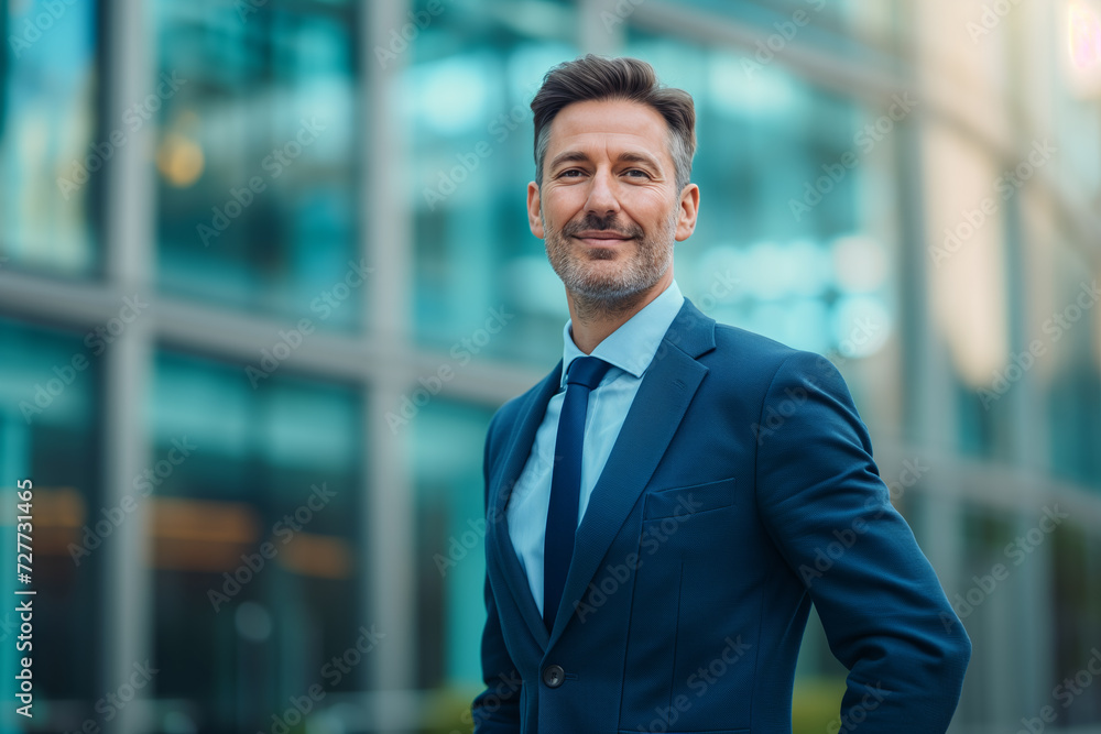 Portrait of smiling successful businessman in modern office building background Portrait of smiling successful businessman in modern office building background