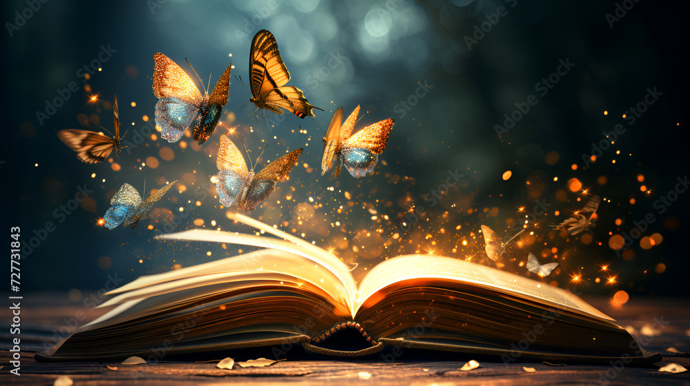 fairytale mystical open book with butterflies and golden light, generative ai - obrazy, fototapety, plakaty 