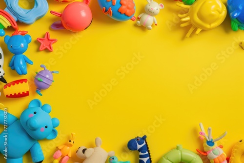 Top view of a group of colorful toddler toys disposed at the left side of the image leaving a useful copy space at the right on a yellow background. 