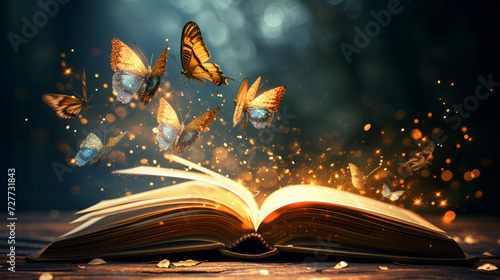 fairytale mystical open book with butterflies and golden light, generative ai