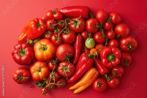 Top view of a large group of red vegetables such as various kinds of tomatoes and peppers isolated on red background  © Straxer