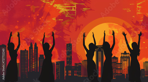 silhouettes of empowered women with their hands raised, set against a backdrop of a bustling city at night background